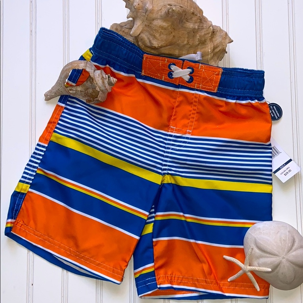 Rugged Bear Bright Orange & Blue Striped Boys Bathing Swim Trunks Sz 4